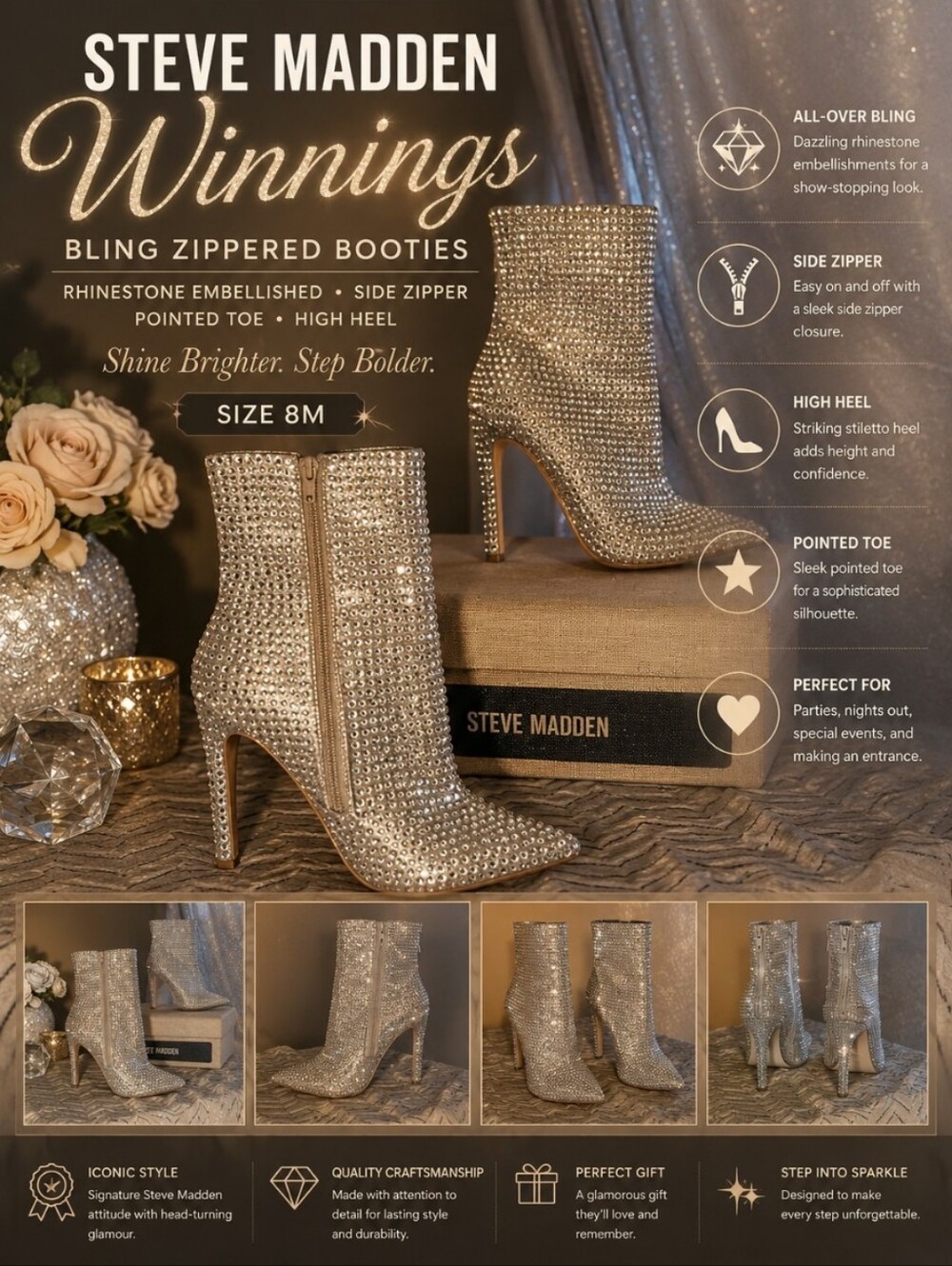 Bling STEVE MADDEN High Heel  Zippered Boots 8M WINNINGS